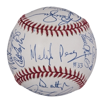 1995 New York Yankees Team Signed OAL Brown Baseball With 23 Signatures Including ONeill and Mattingly (Beckett)